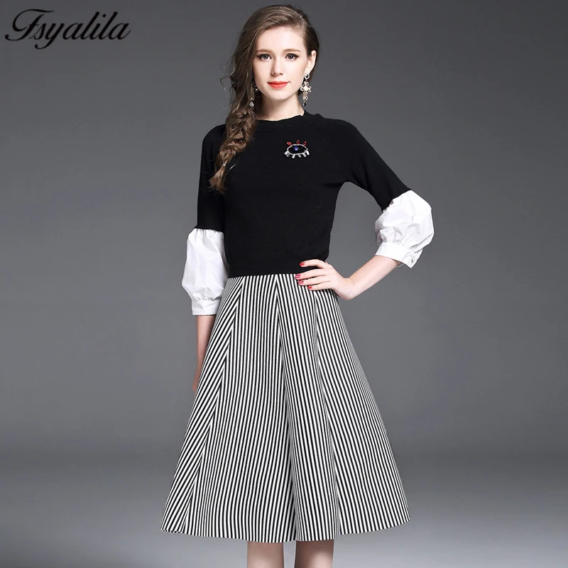 Комплект из 2 предметов Женский комплект с юбкой в полоску двух вязаный свитер