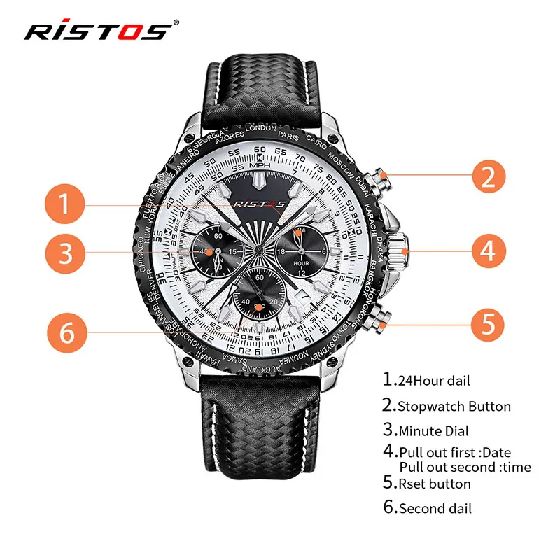 RISTOS спортивные мужские армейские часы с хронографом Модные Аналоговые кварцевые