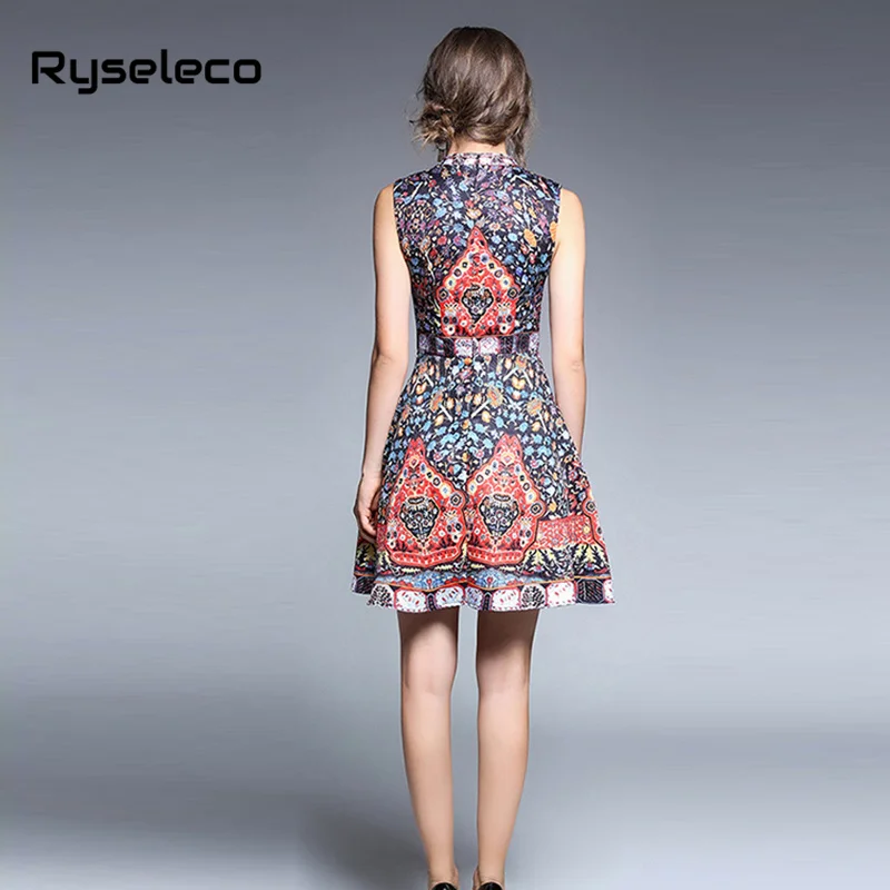 Ryseleco 2017 осень зима Винтаж ретро цветочные принты короткий жилет Платья для