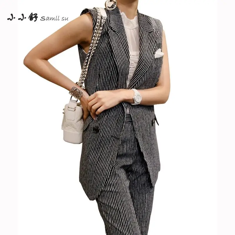 Женский комплект из 2 х предметов Su летний офисный серый топ без рукавов и брюки