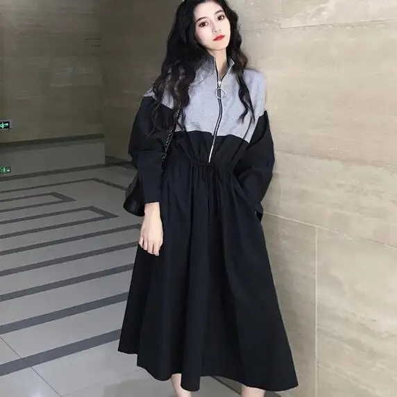 Лоскутная Толстовка Платья женские с длинным рукавом хит цвета Drawstring миди платье