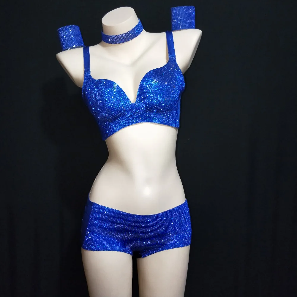 2019 Blue Shining Costume Performance Crystals Bikini Bra Short Stage Clothing Set Women Singer Outfit