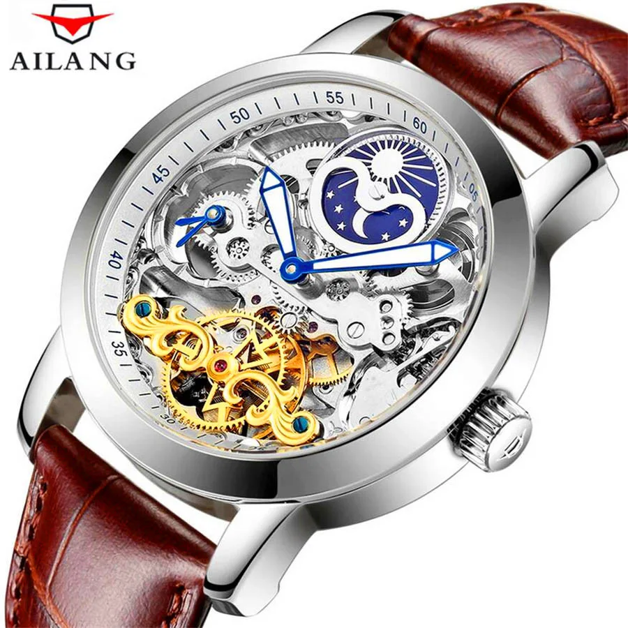 Скелет для мужчин механические часы Автоматические полые Tourbillon часы модные мужские водостойкие 50 м Спорт Луна часы с фазами Relogio - Цвет: Leather Silver brown