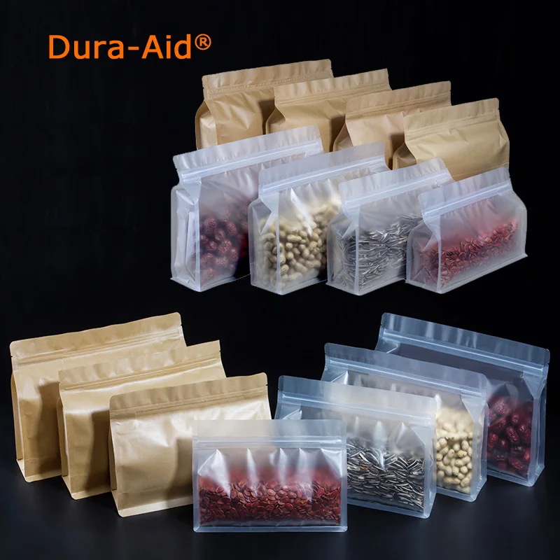 

50pcs/lot stand up kraft paper bag resealable zip lock grip seal food grade bag frosted clear plastic zip lock packing bag