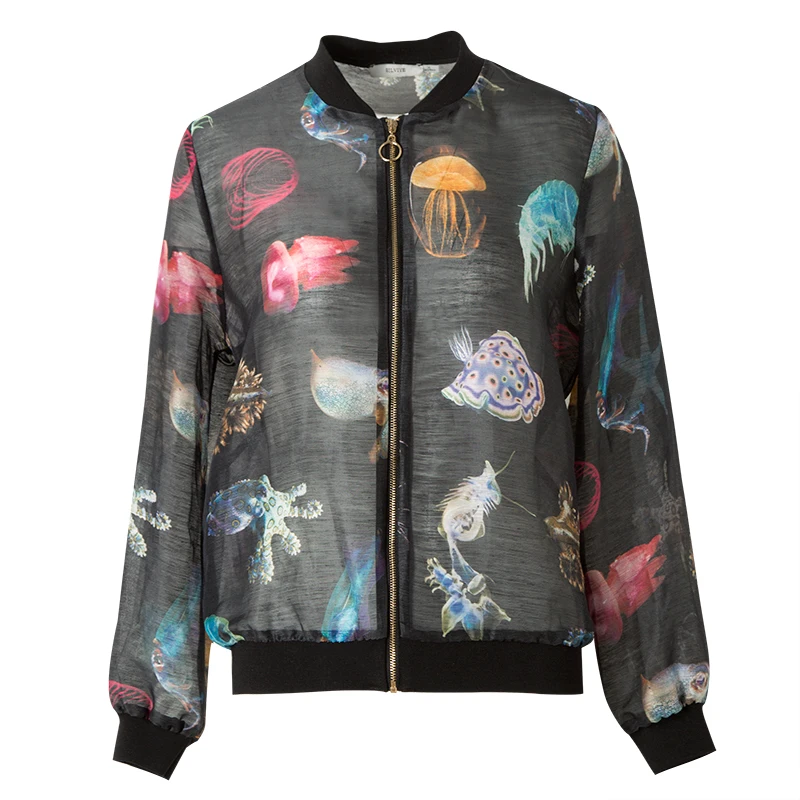 Women Jacket 50%Real Silk 50%Linen Casual Zipper Printed Jackets 2019 Fall Winter New Outwear Black | Женская одежда