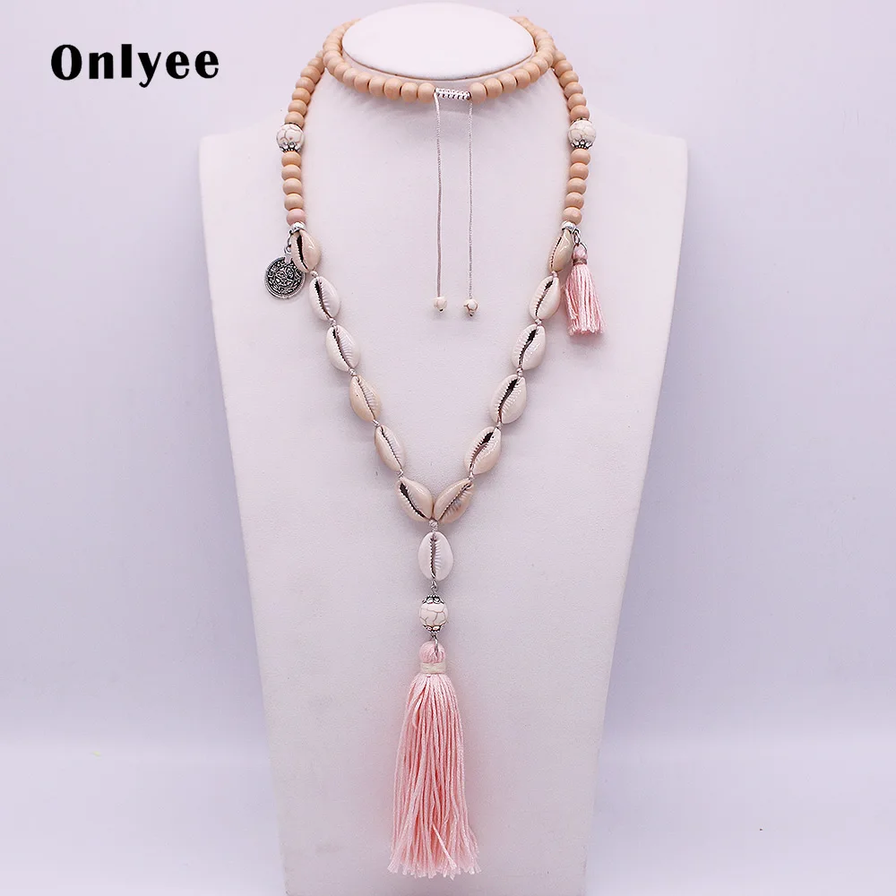 

Jewelry Hand-woven shells Wood beads Beaded sweater chain Bohemian beaded necklace Tassel Yoga wooden bead necklace