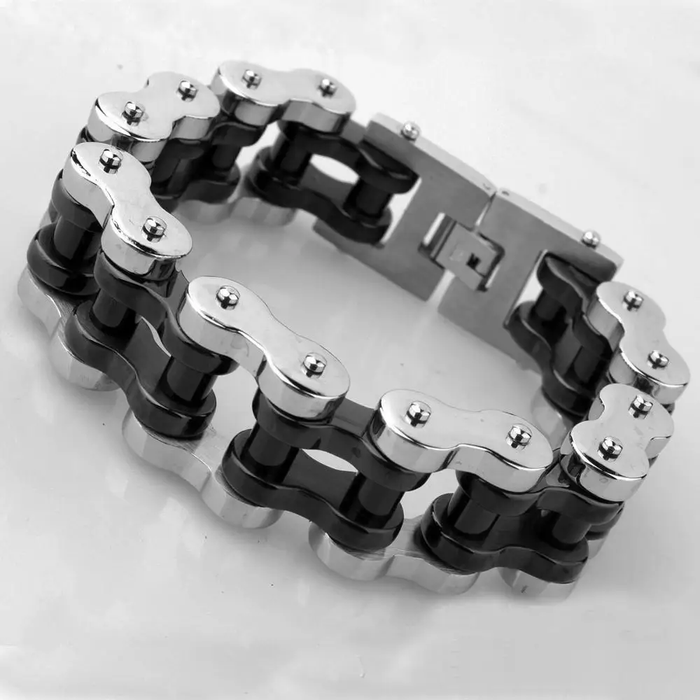 Высочайшее качество, титановая сталь, 18 мм/23 мм, широкий тяжелый Байкер, велосипедная цепь, браслеты, полированная скоба, кружево, для мужчин, мото ювелирные изделия - Окраска металла: 23mm 23cm blacksteel