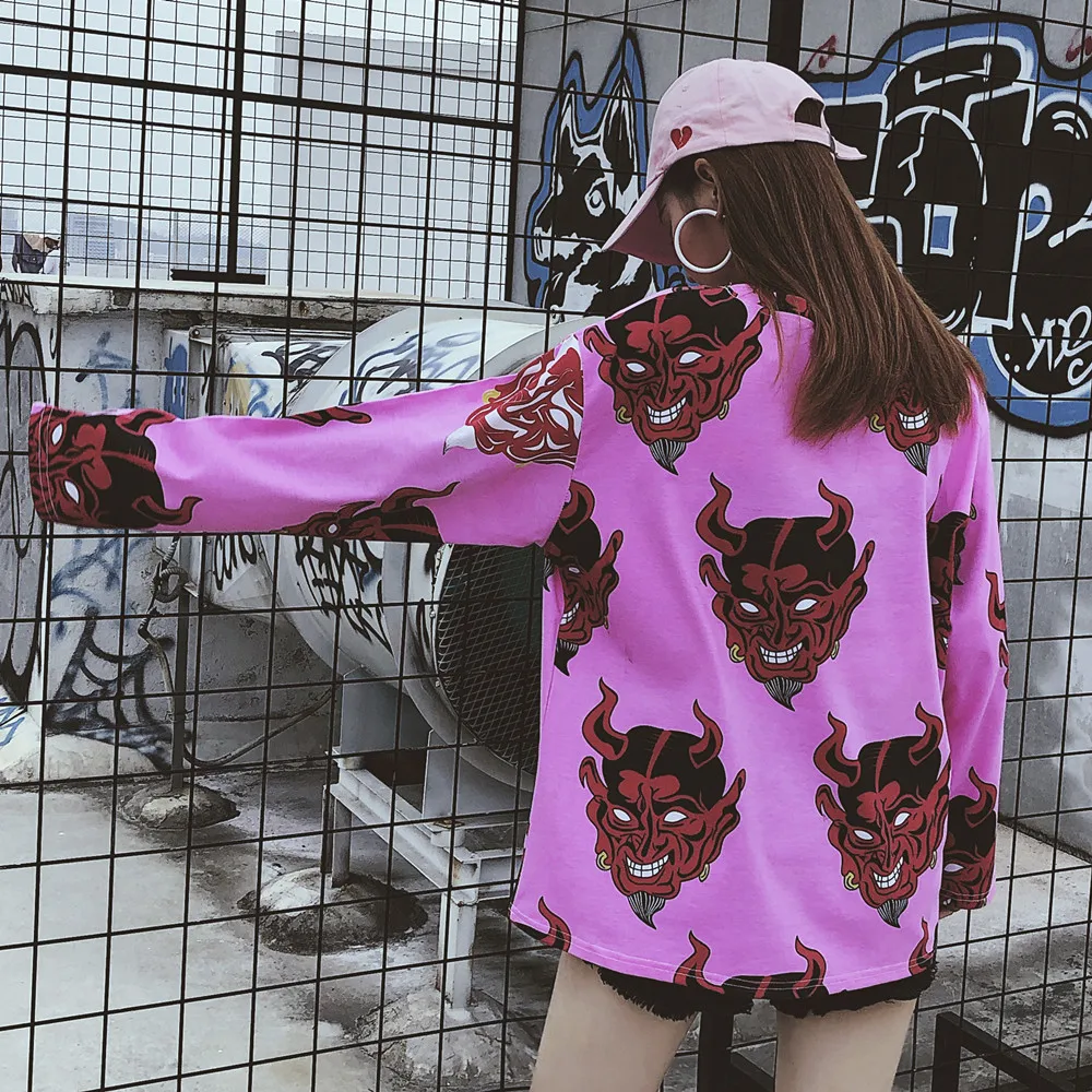 Harajuku футболка женская с принтом демона длинным рукавом o образным вырезом