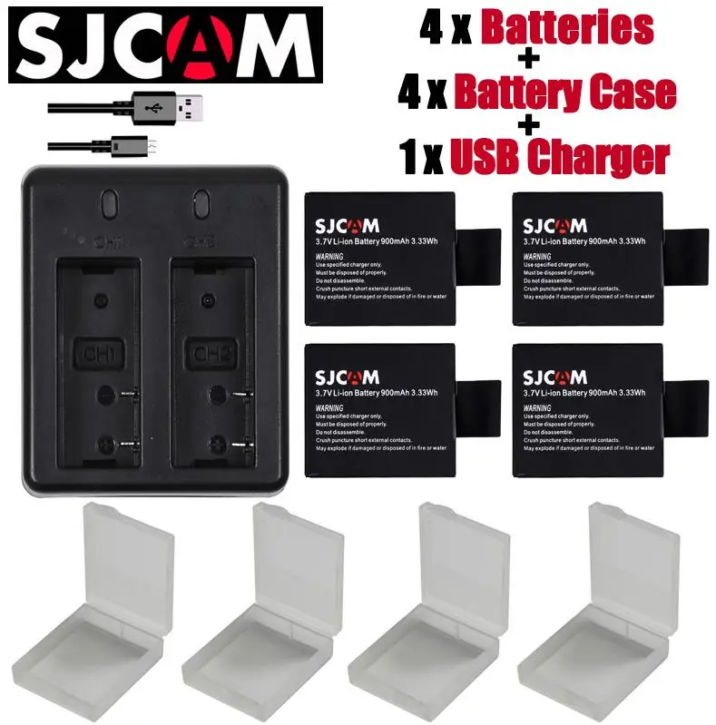 4battery withcharger 4 шт. SJCAM sj4000 eken H9 GIT-LB101 GIT батарея sj5000 sj6000 sj7000 SJ8000 SJ9000 батарея+ двойной USB зарядное устройство - Цвет: 4battery withcharger