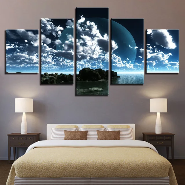 

Framed HD Prints Pictures Wall Art Room Home Decor 5 Pieces Moon In The Clouds Seascape Canvas Paintings Green Islands Poster