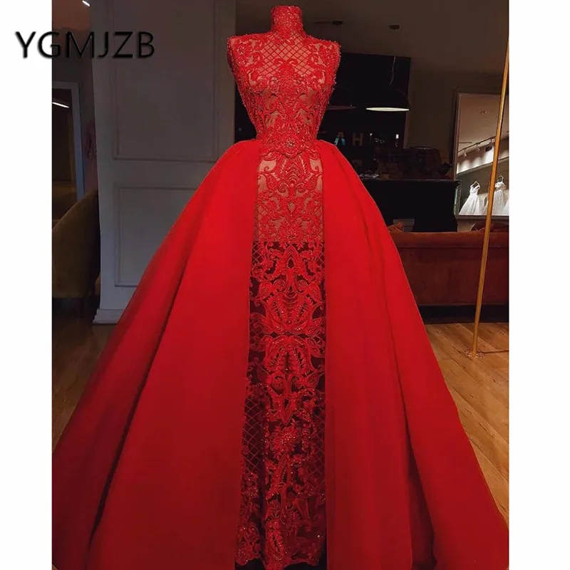 

Sukienki Na Bal 2019 Red Lace Prom Dresses With Detachable Train Mermaid Evening Gown Saudi Arabic Women Formal Prom Party Dress