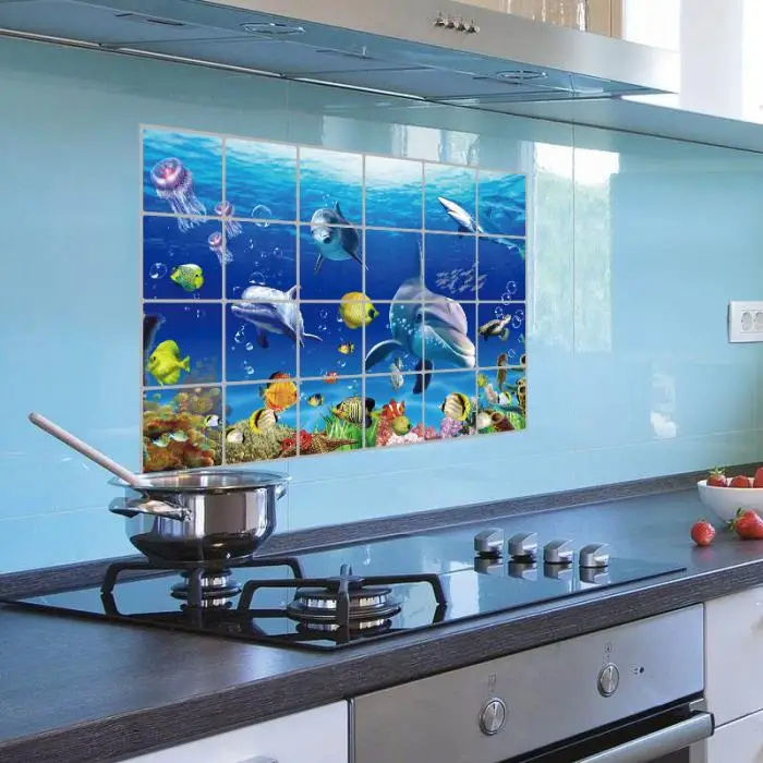 60x90 см, водостойкая алюминиевая фольга, наклейка на стену, плитка для кухни, ванной комнаты, морской мир, настенные аксессуары для дома, 8 LXY9