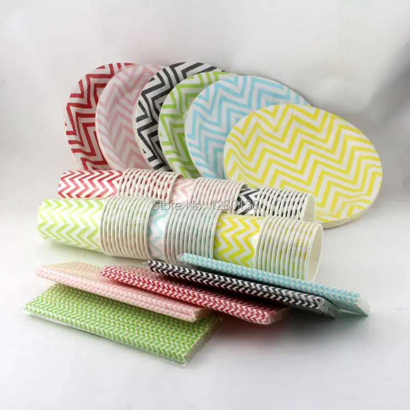 Бумажные десертные тарелки чашки мороженого коктейльные соломинки шеврон