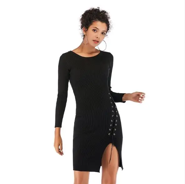 

Women Autumn Dress Cotton Black Body Sheath Dress Full Sleeve O Neck Slim High Waist Sexy Side Split Drawstring Ladies Vestidos