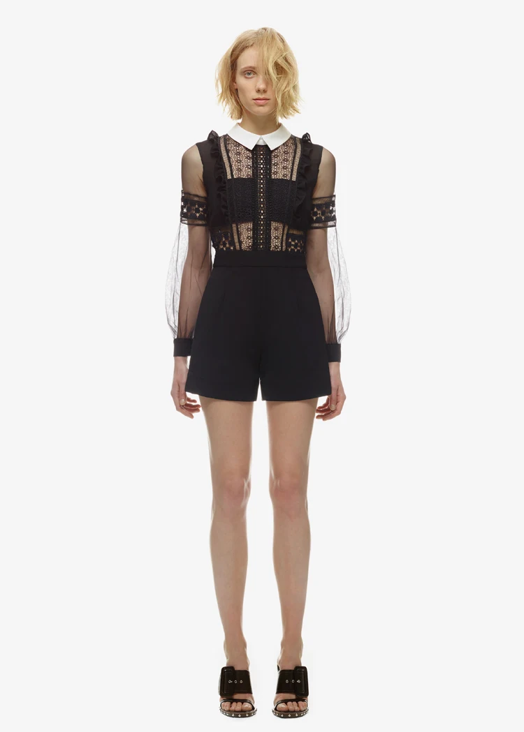 Женский комбинезон с кружевом белый из сетчатой ткани вырезами осень 2017|jumpsuit white