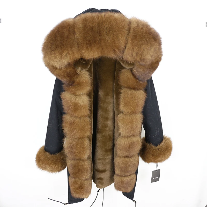 black dark brown Женская парка с натуральным лисьим мехом OFTBUY, бежевое пальто с отделкой из лисьего меха, свободная длинная парка, верхняя одежда со съемным мехом, зима - Цвет: black dark brown