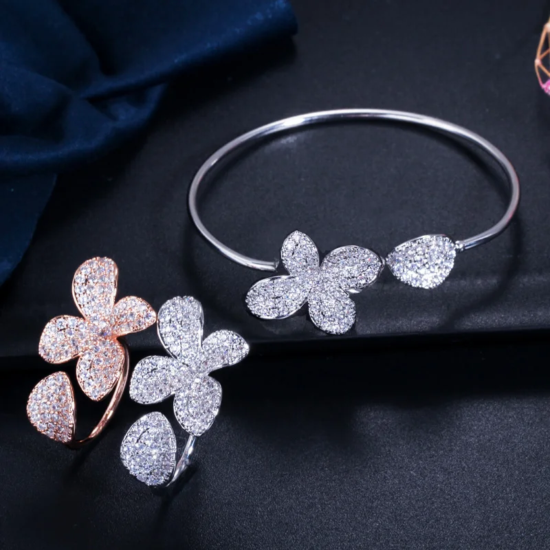 CWWZircons Adjustable Size Full Cubic Zirconia Rose Gold Color Flower Leaf Cuff Bangle Bracelet and Ring Sets for Women T071|Ювелирные
