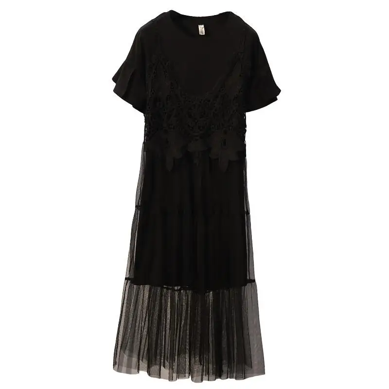

Women Dress Sets 2019 New Fashion O-neck Long T-shirts + Lace Mesh Stitching Straps High Waist A-line Medium Long Dress Sets R04