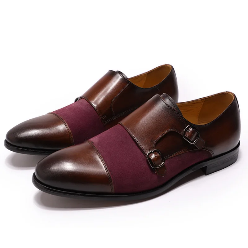Brown with red DANIEL/Мужские модельные туфли из натуральной кожи с двойной замшевой пряжкой; свадебные деловые мужские туфли с ремешком - Цвет: Brown with red