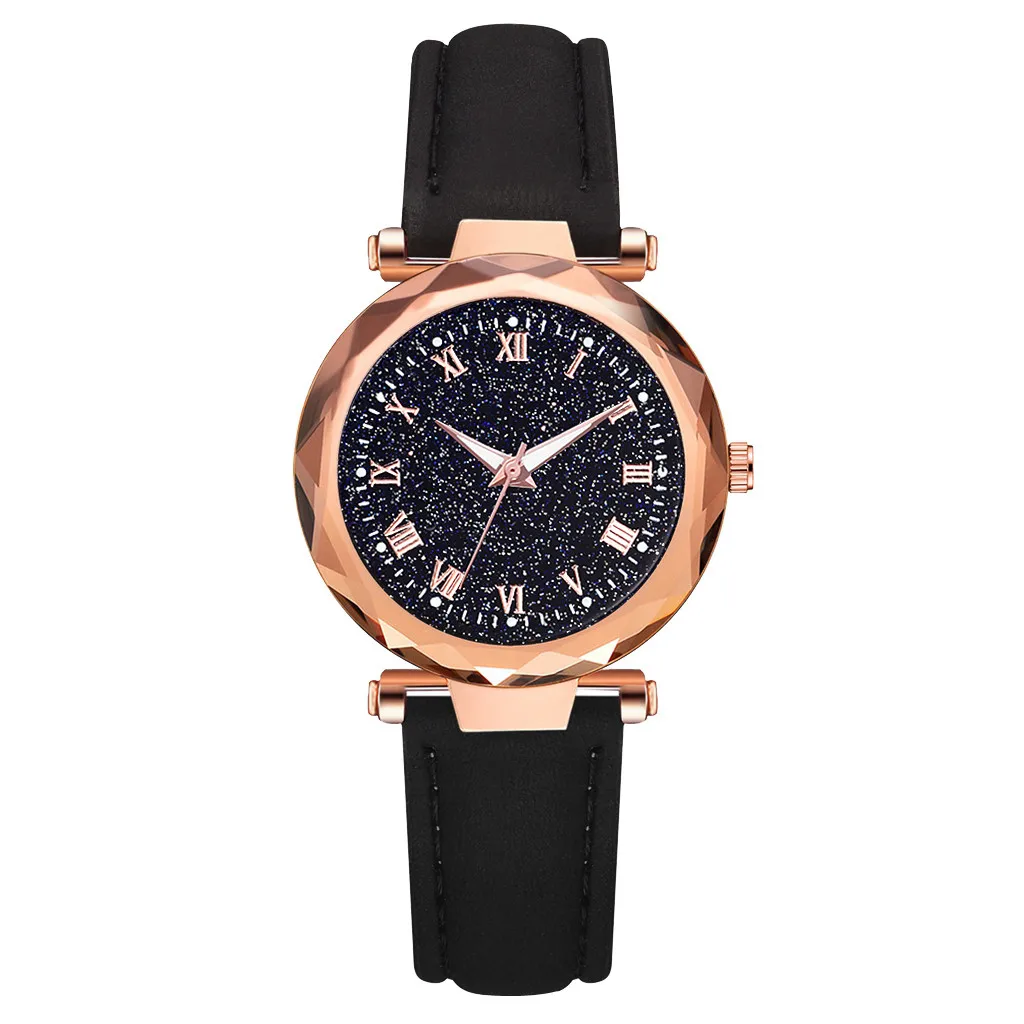 Женские часы с кожаным ремешком светящиеся ромб и стеклом звездного неба Wd3