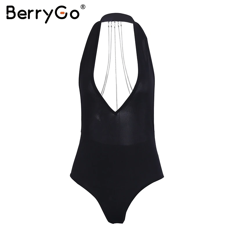 BerryGo металлической цепью bodycon боди комбинезон сексуальные спинки Холтер Женщины