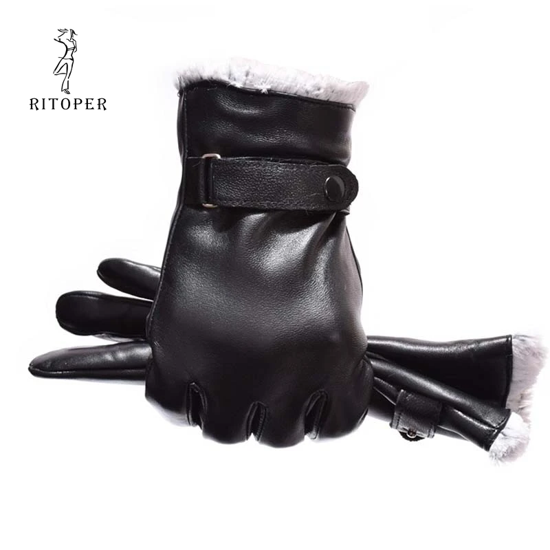 

RITOPER Men's Winter Gloves Touch Gcreen Thicken Warm Velvet Sheepskin Genuine Leather Gloves Fashion Outdoor Riding 2018 New