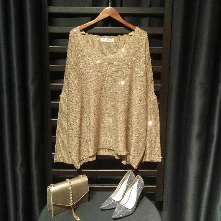 Gold Lurex Knit Tops Women Long Batwing Sleeve Big O-neck Sequined Sweaters Silver Thread Shiny Loose Ladies Jumpers | Женская одежда