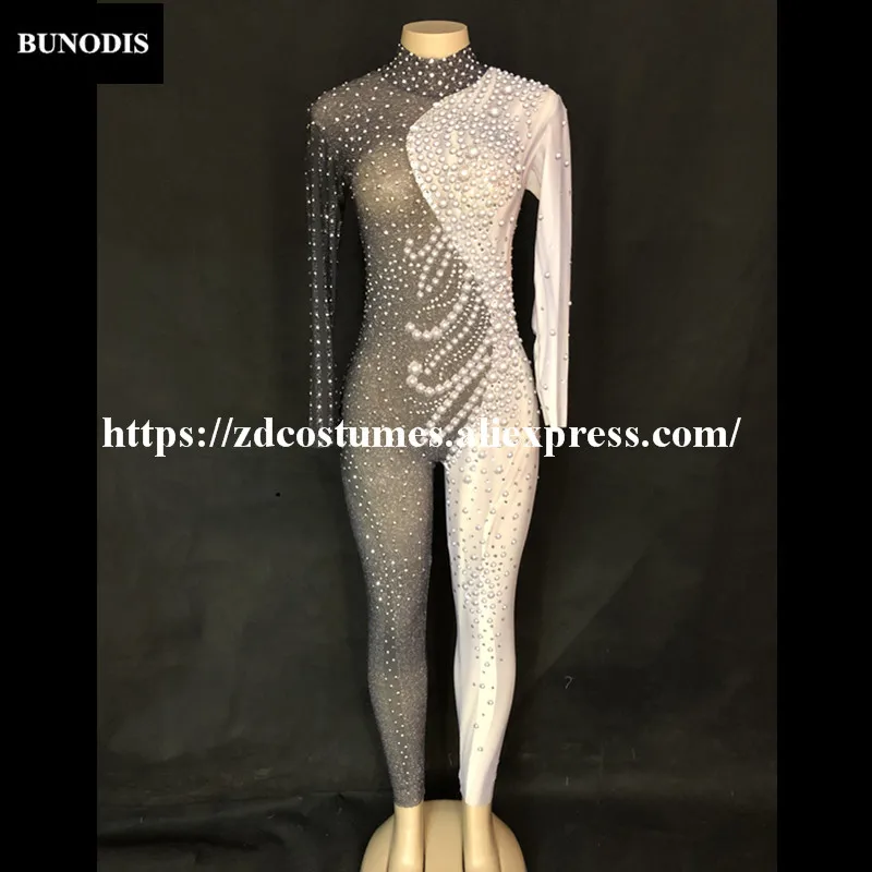 ZD372 Women Sexy Net Yarn Black & White Jumpsuit Sparkling Crystals Bodysuit Nightclub Party Stage Wear Performance Bling