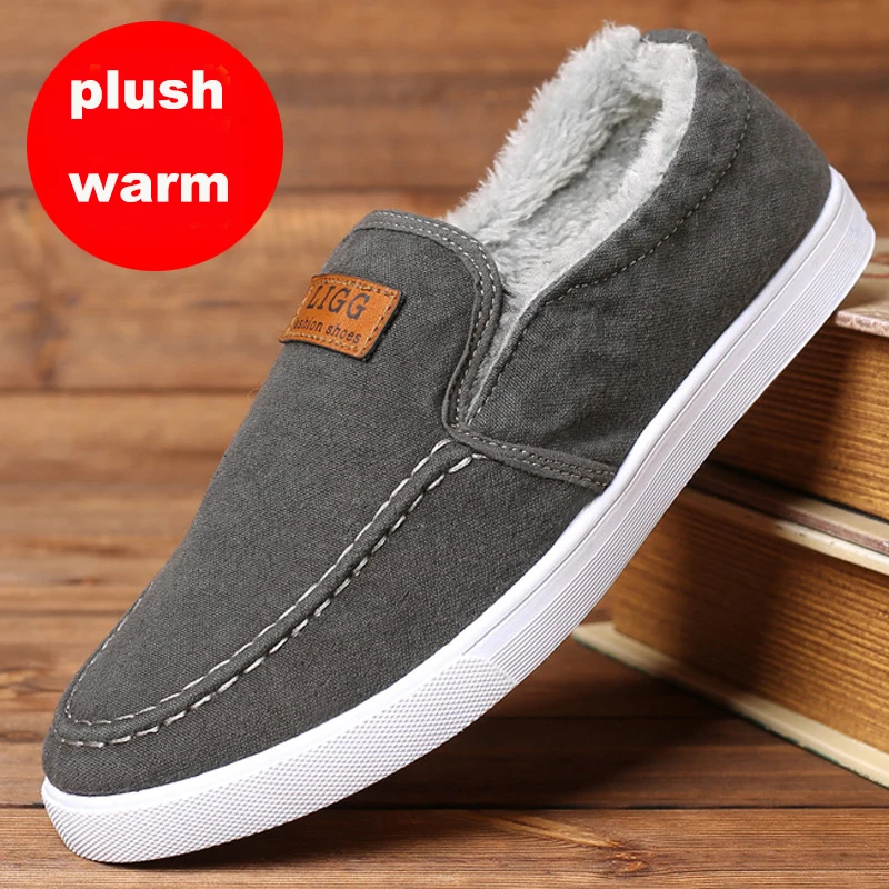 Winter Men's Casual Shoes Canvas Autumn Warm Short Plush Breathable Slip On Black Designer Fur Male Boots Men | Обувь