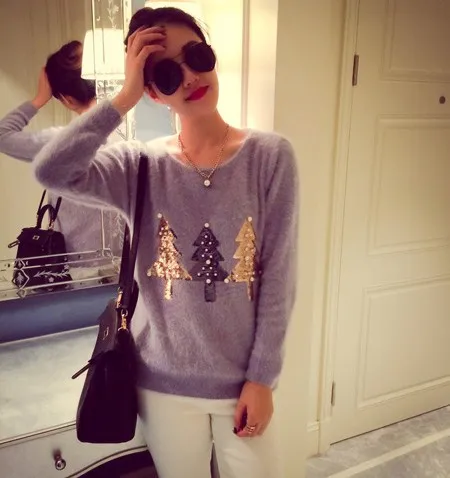 2015 New Year Christmas 3Colors Women Sequins Bead Mohair Knitted Winter Warm Dress Crochet Sweater Pullover Jersey Mujer 353# | Женская