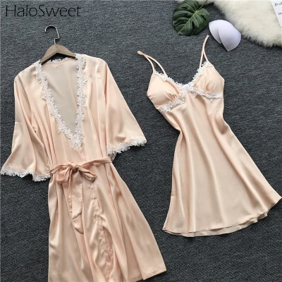 HaloSweet пижамы для женщин платья шелковый халат белье Ночная рубашка домашний
