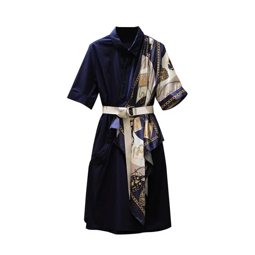 dark blue Новинка, модные корейские летние элегантные платья с принтом, женские рубашки больших размеров, имитация двух частей, лоскутное платье Vestidos - Цвет: dark blue