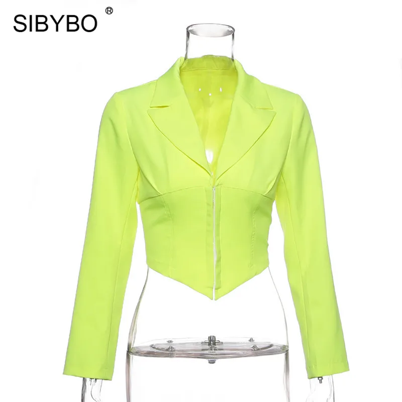 Fluorescent green Sibybo, глубокий v-образный вырез, однобортный сексуальный женский топ, модный длинный рукав, тонкая Осенняя футболка, Женская белая уличная одежда, укороченный Топ для женщин - Цвет: Fluorescent green