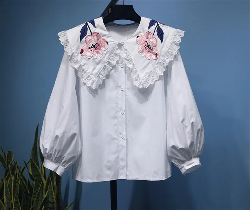 LUOSHA, Женская Весенняя коллекция, вышивка, цветок, Питер Пэн, воротник, рукав-фонарик, топ и блузка, Женская однотонная Повседневная блуза, женская рубашка