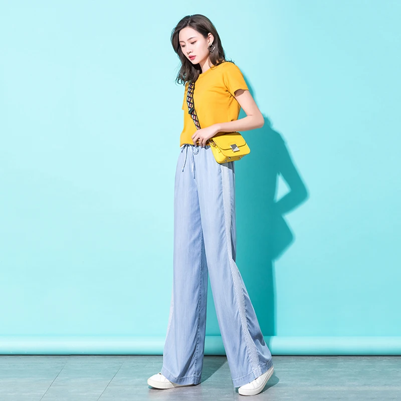 Женские джинсы с эластичной резинкой на талии синие широкие брюки уличные