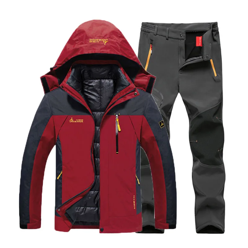 Red Gray set 6XL костюм размера плюс для походов, Походов, Кемпинга, катания на лыжах, альпинизма 3 в 1, уличные куртки, набор для мужчин, зимние водонепроницаемые рыболовные термо брюки - Цвет: Red Gray set