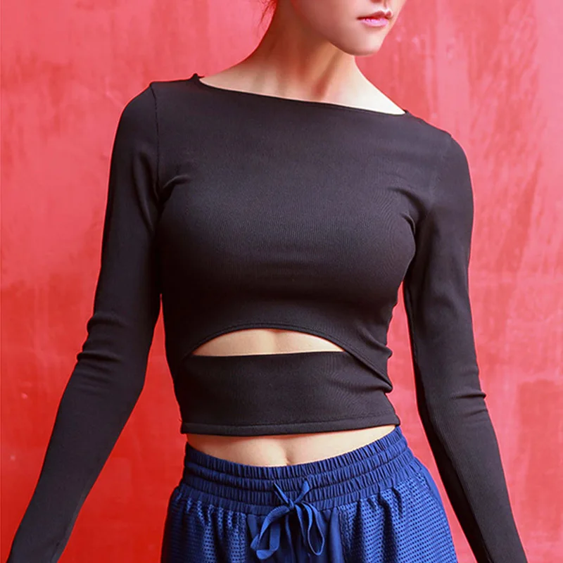Black SALSPOR, женские белые укороченные топы для спортзала, рубашки для йоги с длинным рукавом, топы для тренировок, фитнеса, бега, спорта, футболки для бега, йоги, спортивная одежда - Цвет: Black