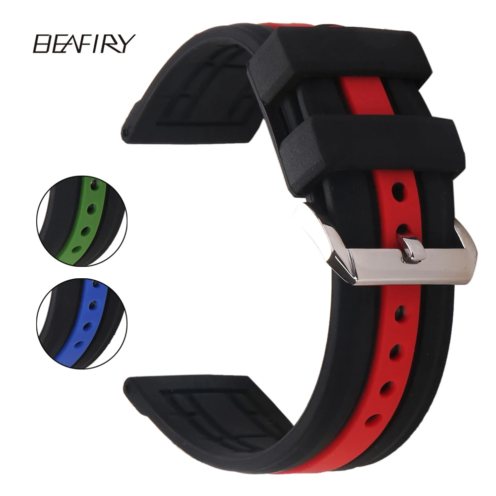 

BEAFIRY Soft Silicone Watch Band Strap 20 22 24mm Waterproof Watchband black blue black red black green