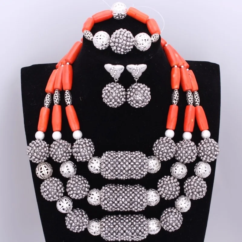 Orange Coral Beads Jewelry Sets Balls Dubai Gold sets For Women 2018 Free Shipping pieces Necklace Bracelet Earrings | Украшения и