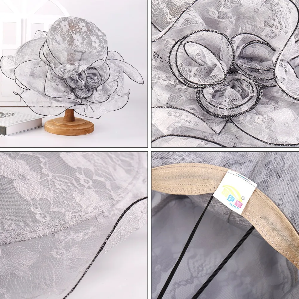 

WELROG Summer Fedoras for Women Elegant Church Embroidery Hats Lace Flower Cap Wide Brim Straw Hat Outdoor Beach Wedding Hats