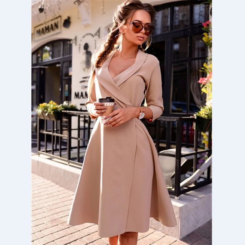 Бежевый Модное винтажное женское офисное платье трапециевидной формы Vestidos, Женские однотонные Сексуальные вечерние платья с v-образным вырезом и длинными рукавами YN3039 - Цвет: Бежевый