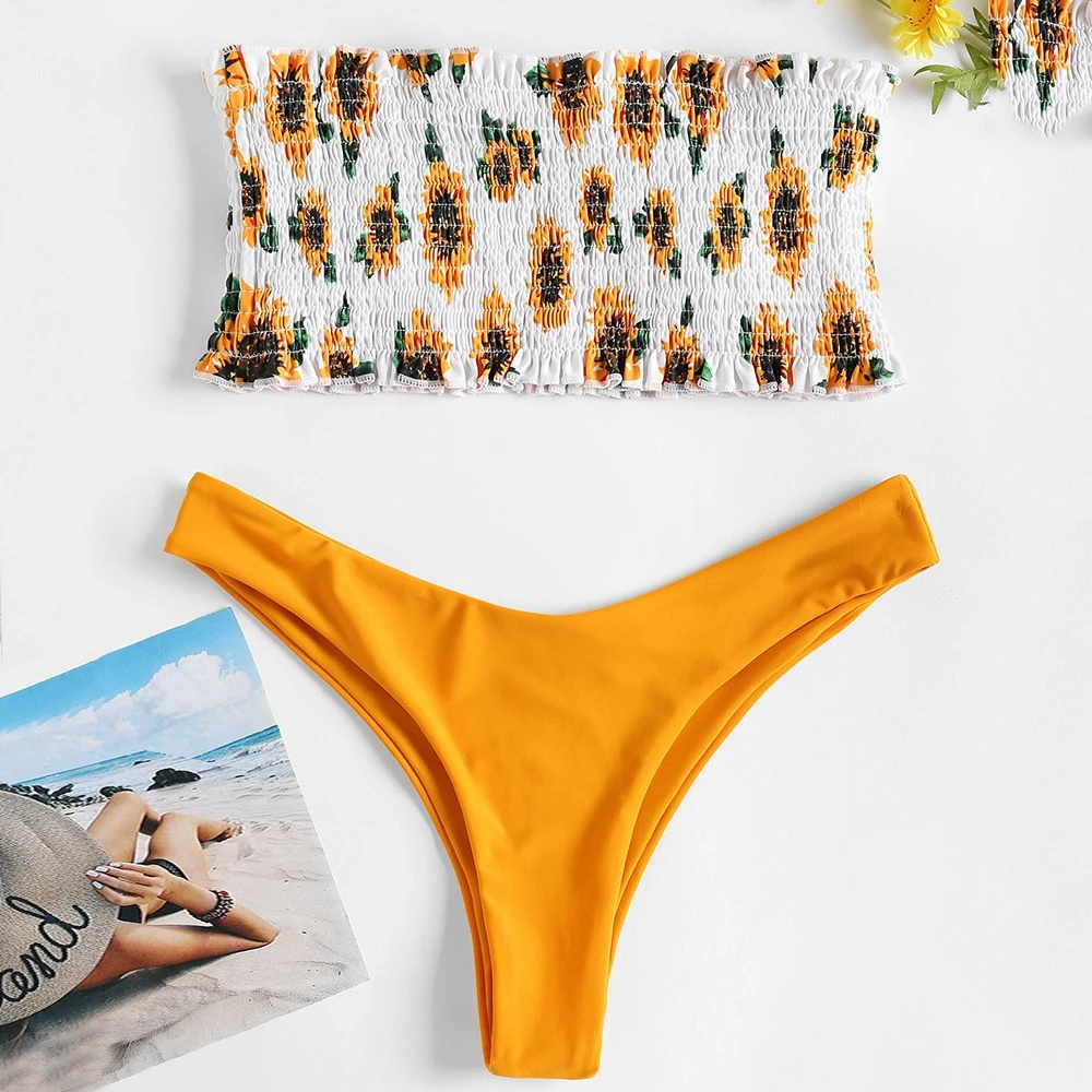 2018 без бретелек Бикини с буфами комплект Shirred купальник подсолнухом Bandeau