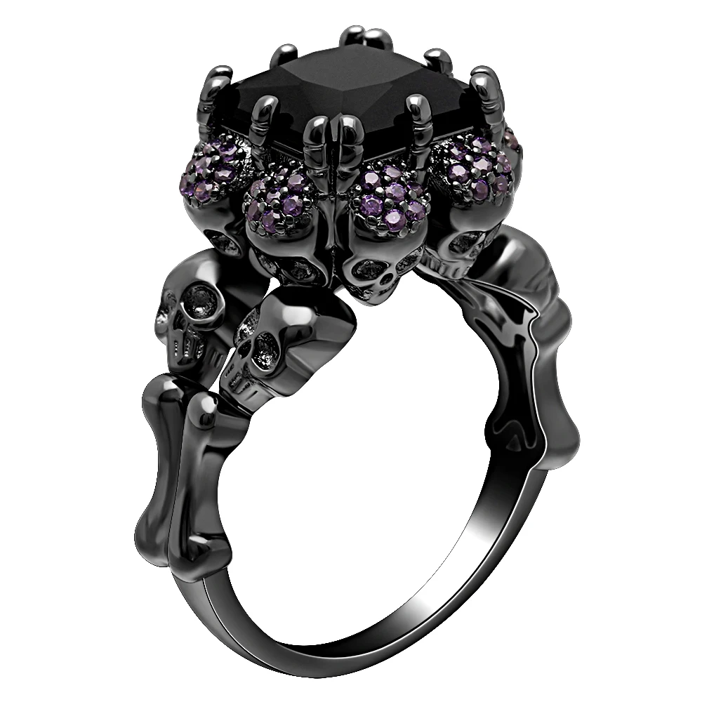 Hainon Fashion Black Gold Color Skull Rings Black Blue Green Crystal Zircon Women Wedding Ring Punk Jewelry For Men Ring