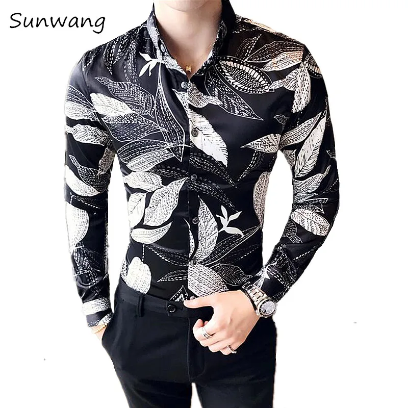 2018 Для мужчин модные Повседневное Длинные рукава рубашка с принтом Slim Fit мужской