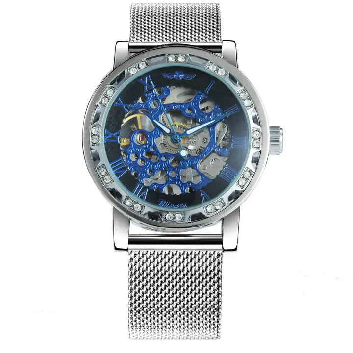 SILVER SILVER BLUE WINNER роскошные женские механические часы, часы с скелетом, мужские Ультра тонкие сетчатые часы с ремешком, элегантные деловые часы унисекс, пара часов - Цвет: SILVER SILVER BLUE