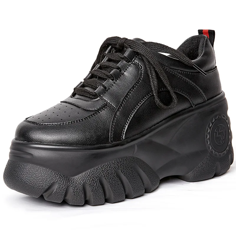 Женские кожаные кроссовки на платформе ультралегкие черного и бежевого цвета 8 5