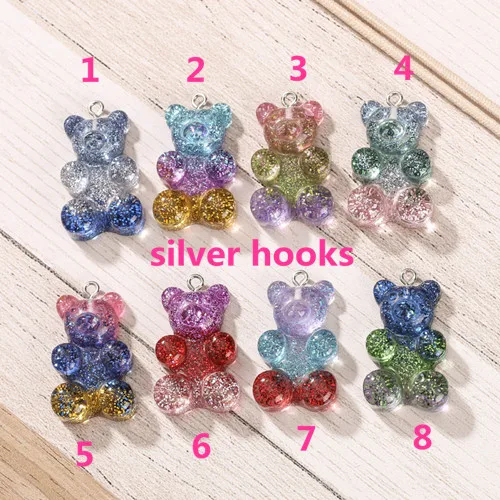 20 шт 20*30 мм Gummy Bear Амулеты с плоской задней стороной, кабошоны из смолы, блестящие амулеты для брелка, подвески, ожерелья, сделай сам - Окраска металла: silver hooks