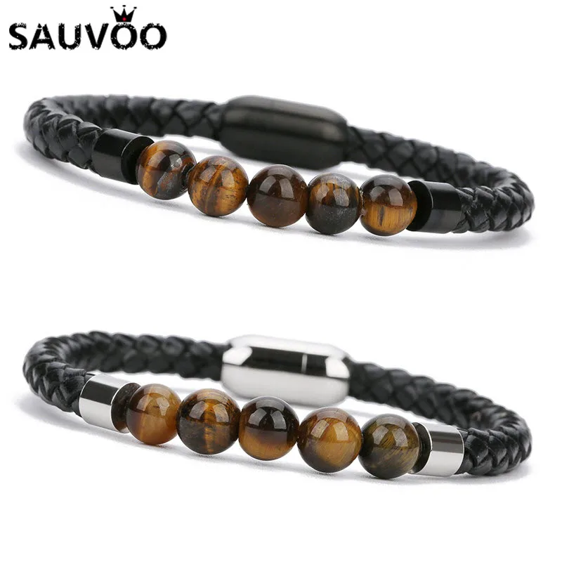 Sauvoo 2018 модный тигровый глаз браслет из бусин для женщин нержавеющая сталь