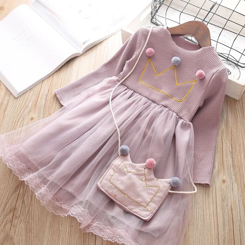 Girls dress 2019 spring new girls cartoon crown mesh + bag Baby Clothing Dress | Детская одежда и обувь