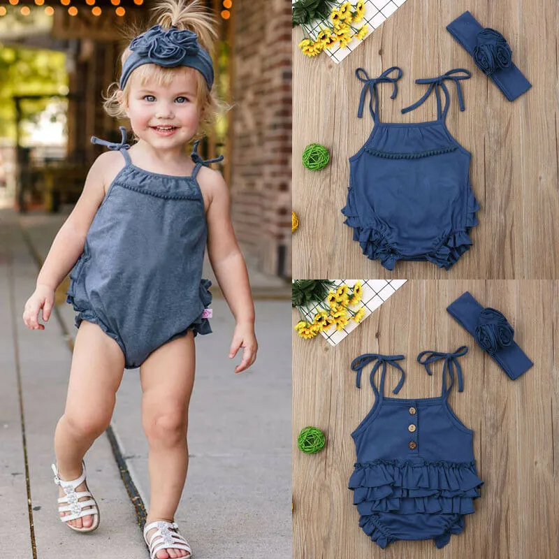 Baby Girl Bodysuits 2Pcs Newborn Girls Bodysuit Jumpsuit Headband Outfit Sunsuit Clothes Cotton O-neck Sleeveless | Мать и ребенок